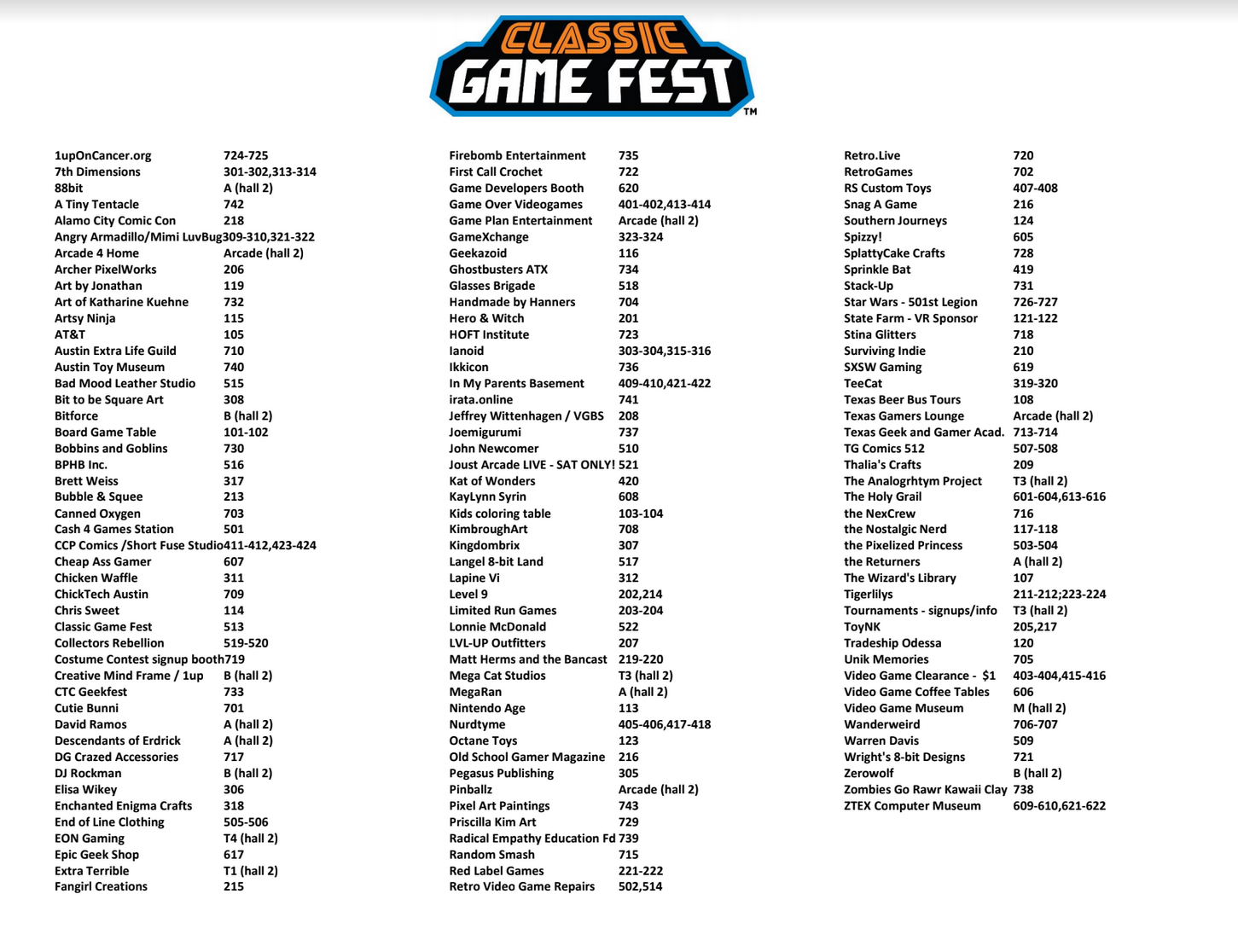Classic Game Fest Floor Plan/Vendor List - Classic Game Fest